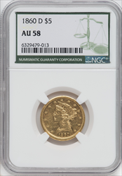 1860-D $5 Medium D Liberty Half Eagles NGC AU58
