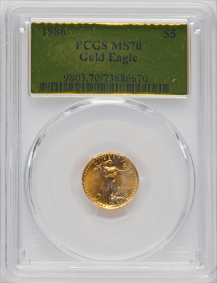 1986 $5 Tenth-Ounce Gold Eagle MS Modern Bullion Coins PCGS MS70