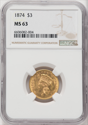 1874 $3 Three Dollar Gold Pieces NGC MS63