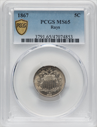 1867 5C RAYS PCGS Secure Shield Nickels PCGS MS65