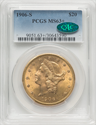 1906-S $20 CAC PCGS Plus Liberty Double Eagles PCGS MS63+