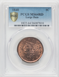 1840 Large Date RD PCGS Secure Large Cents PCGS MS64
