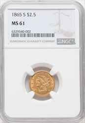 1865-S $2.50 Liberty Quarter Eagles NGC MS61