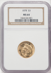 1878 $3 Three Dollar Gold Pieces NGC MS64