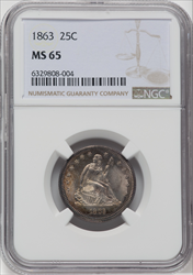 1863 25C Seated Quarters NGC MS65