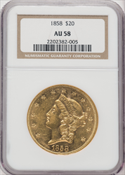 1858 $20 Liberty Double Eagles NGC AU58