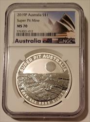 Australia 2019 P  1 oz Silver Dollar Super Pit Mine MS70 NGC