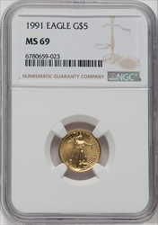 1991 $5 Tenth-Ounce Gold Eagle MS Modern Bullion Coins NGC MS69