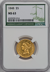 1848 $5 Liberty Half Eagles NGC MS63
