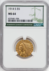 1914-S $5 Indian Half Eagles NGC MS64