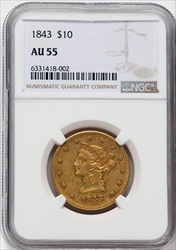 1843 $10 Liberty Eagles NGC AU55