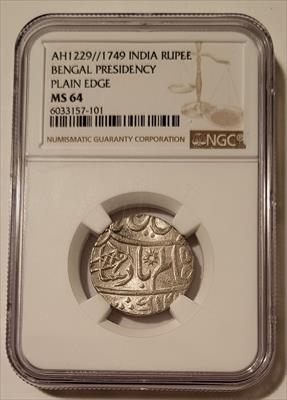 India Bengal Presidency AH1229//17-49 (c. 1830 AD) Silver Rupee Plain Edge MS64 NGC