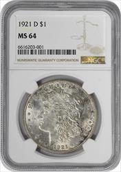 1921-D Morgan Silver Dollar MS64 NGC