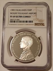Falklands 1985 Silver 50 Pence Mount Pleasant Airport Proof PF69 UC NGC Low Mintage