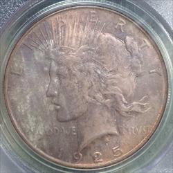 1925 Peace Dollar, PCGS MS-63 OGH, Old Holder, Two Sided Envelope Toning, Cool!