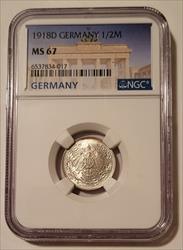 Germany Empire  Wilhelm II 1918 D Silver 1/2 Mark MS67 NGC