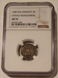 Germany States Hanau-Munzenberg 1680 SM Silver 2 Kreuzer AU55 NGC