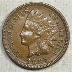 1887 Indian Cent, Choice Almost Uncirculated, Original AU-58