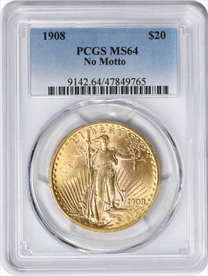 1908 $20 Gold St. Gaudens No Motto MS64 PCGS