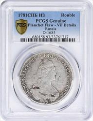 1781CIIE Russian Rouble Genuine (Planchet Flaw - VF Details) PCGS