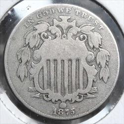 1875 Shield Nickel, Double Die Obverse, FS-101, Strong Obvious Doubling