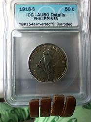 "1918s Inverted ""S"" PHILIPPINES 50 Centavos ICG-AU50 details"