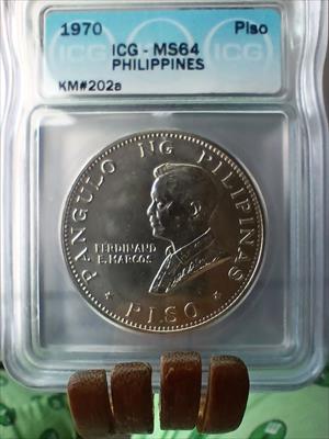 1970 PHILIPPINES 1 Piso (km#202a) ICG-MS64 (ASW: .7653 oz) ONLY 30000 minted!!!