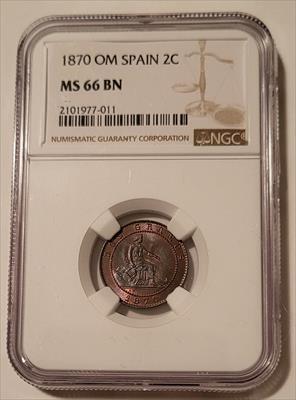 Spain Provisional Government 1870 OM 2 Centimos MS66 BN NGC