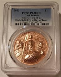 Cook Islands 2023 Dollar Sparta - Copper 50 Grams High Relief PL70 RED PCGS FDI Low Mintage