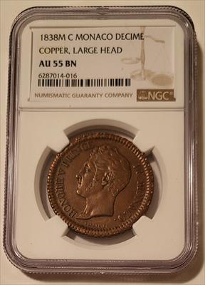 Monaco 1838 M C Decime Copper - Large Head AU55 BN NGC