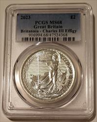Great Britain Charles III 2023 1 oz Silver 2 Pounds Britannia MS68 PCGS