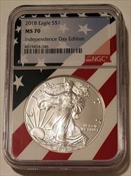 2018 1 oz Silver Eagle Dollar MS70 NGC Independence Day Edition 