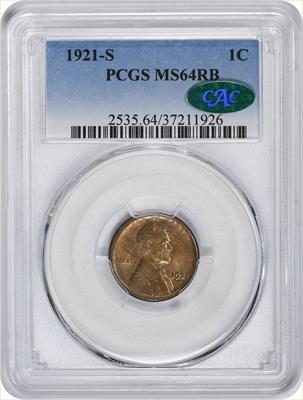 1921-S Lincoln Cent MS64RB PCGS (CAC)