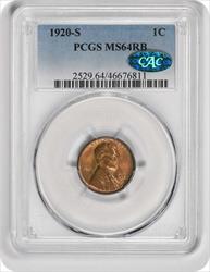 1920-S Lincoln Cent MS64RB PCGS (CAC)