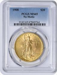 1908 $20 Gold St. Gaudens No Motto MS65 PCGS