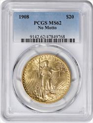 1908 $20 Gold St. Gaudens No Motto MS62 PCGS