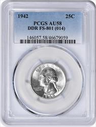 1942 Washington Silver Quarter DDR FS-801 AU58 PCGS