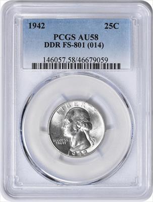 1942 Washington Silver Quarter DDR FS-801 AU58 PCGS