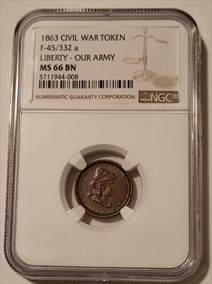 Civil War Patriotic Token 1863 Liberty - Our Army F-45 332a MS66 BN NGC