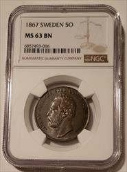 Sweden Carl XV 1867 5 Ore MS63 BN NGC