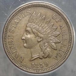 1859 Indian Cent, Choice Almost Uncirculated, ANACS AU-55, Popular Early Type