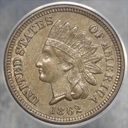 1862 Indian Cent, Choice Almost Uncirculated, ANACS AU-58