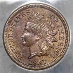 1863 Indian Cent, Choice Uncirculated, ANACS MS-62