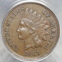 1869 Indian Cent, Semi Key Date, ANACS AU-55, Reverse Die Crack