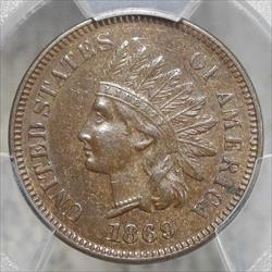 1869 Indian Cent, Semi Key Date, PCGS MS-62BN, Original