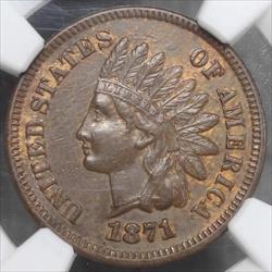 1871 Indian Cent, Snow-1, Repunched Date, Semi Key Date, NGC AU-58
