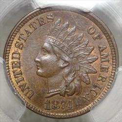 1874 Indian Cent, PCGS/CAC MS-63BN, Repunched Date?, Possibly Unlisted