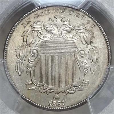 1867 No Rays Shield Nickel, PCGS MS-62, Original BU Coin