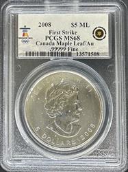 2008 Canadian Maple Leaf Vancouver Olympics MS68 PCGS