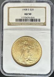 1908-S $20 St Gaudens AU50 NGC